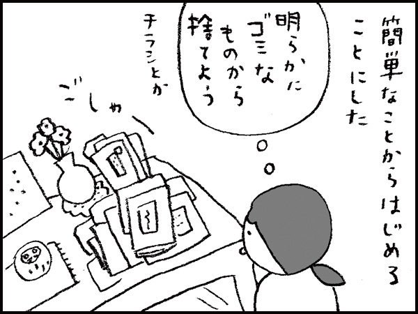 簡単なことからはじめることにした。「明らかにゴミなものから捨てよう」チラシとか