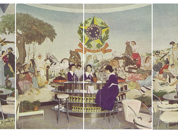 General view of the interior of Café do Brasil showroom, Tokyo.(cropped) Reproduction of the booklet “Story of the Brazil Coffee”, 1935 (Courtesy of the Embassy of Brazil)
<br>
"Café do Brasil"ショールーム内部の全景(部分)。藤田嗣治作の壁画「大地」が壁面を彩る=宣伝冊子「ブラジル珈琲の話」(1935)から(ブラジル大使館提供)