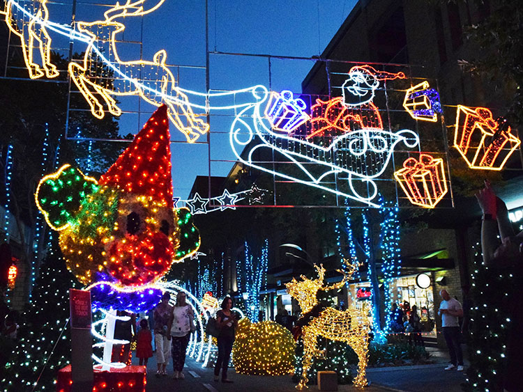 クリスマスを前に、サンタクロースやトナカイなどのイルミネーションを楽しむ来場者=13日、ヨハネスブルクのメルローズアーチ、石原孝撮影