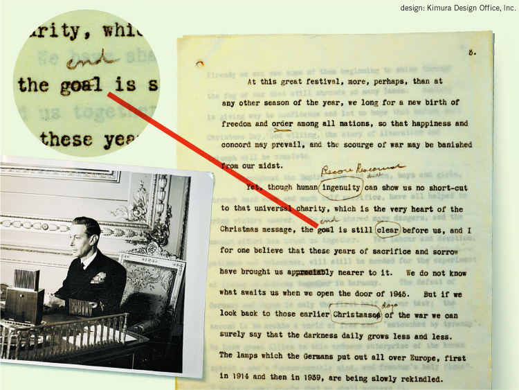 英国王ジョージ6世と、1944年のクリスマス演説の原稿。読みやすいよう、"goal"が"end"に修正されている