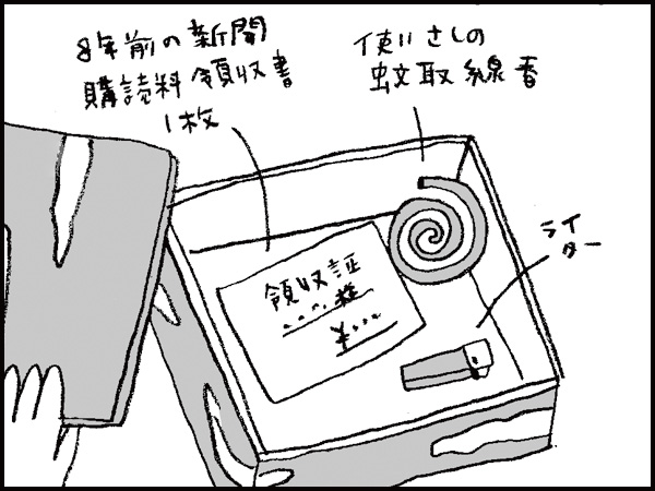8年前の新聞購読料領収書1枚、使いさしの蚊取線香、ライター