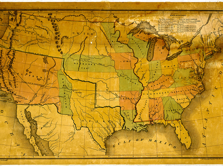 In a photo from the National Archives, a map that accompanied President James K. Polk's message to Congress in December 1848 suggested ways to divid the territory gained through the Treaty of Guadalupe-Hidalgo. Greenland officials have rebuffed President Trumpユs plan to buy the island, but the United States has a history of purchasing lands from other countries. (National Archives via The New York Times) -- FOR EDITORIAL USE ONLY