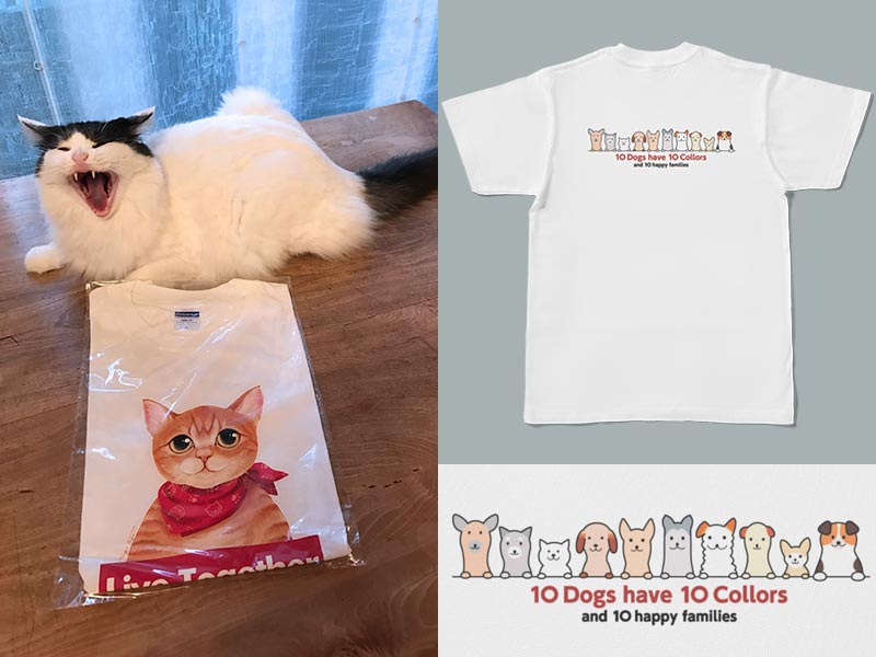 「ちよだニャンとなる会」の猫Tシャツ(左)と、公益財団法人ヒューマニン財団の犬Tシャツ(右)