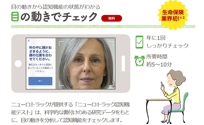 加入者向けのアプリでは、脳トレや食事管理、目の動きによる認知機能のチェックなどができる(同社ホームページより)