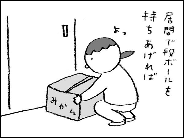 居間で段ボールを持ちあげれば