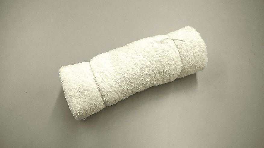 麻薬探知犬がくわえるタオルのおもちゃ