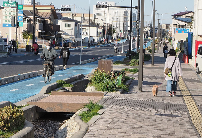 安心して歩けるよう、自転車専用道とともに広い歩道を確保する例も=2019/03/08 大阪府高石市