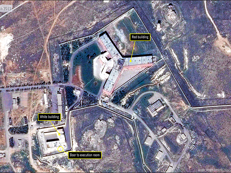 An undated handout satellite image provided by Amnesty International shows the military-run Saydnaya Prison, where the Syrian government has executed thousands of prisoners, near Damascus, Syria. Hundreds of thousands of Syrians have been locked away in filthy prisons where thousands were tortured to death — and the pace of arrests and executions is accelerating. (Amnesty International via The New York Times) -- NO SALES; FOR EDITORIAL USE ONLY WITH NYT STORY SYRIA PRISONS BY ANNE BARNARD FOR MAY 11, 2019. ALL OTHER USE PROHIBITED. --