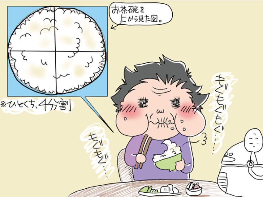 お茶碗を上から見た図。ひとくち4分割。もぐもぐもぐ・・・もぐもぐ・・・