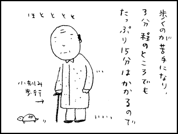 歩くのが苦手になり、3分程のところでも たっぷり15分はかかるので ほとととと 小刻み歩行