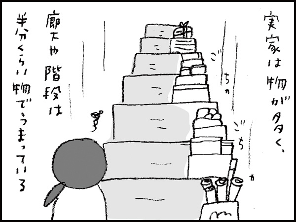実家は物が多く、廊下や階段は、半分くらい物でうまっている