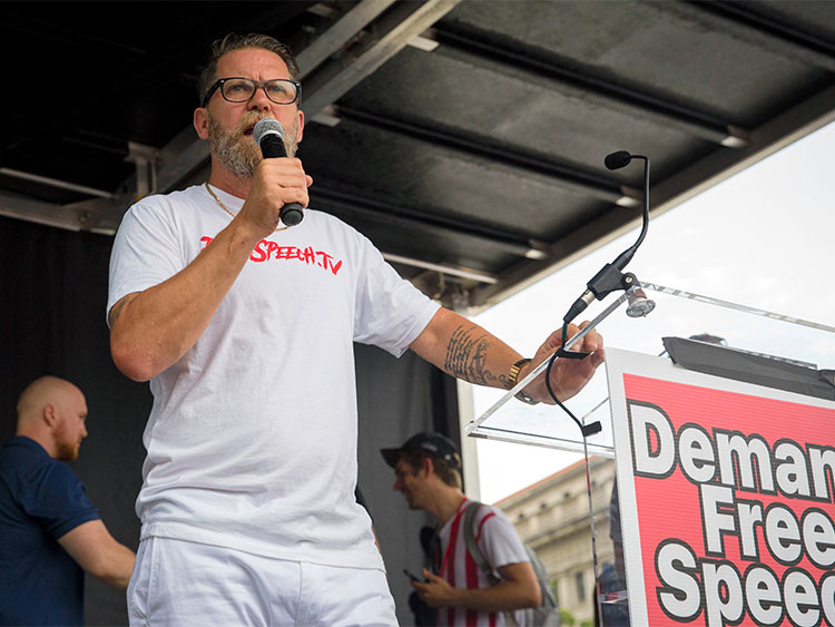 Gavin McInnes speaks as right-wing activists take part in a rally at Freedom Plaza in Washington, on Saturday, July 6, 2019. During the trial of Maxwell Hare and another member of the Proud Boys, John Kinsman, who are both charged with attempted assault and riot, Manhattan prosecutors have suggested some of the blame for the violence should land on McInnes. (Dave Sanders/The New York Times)