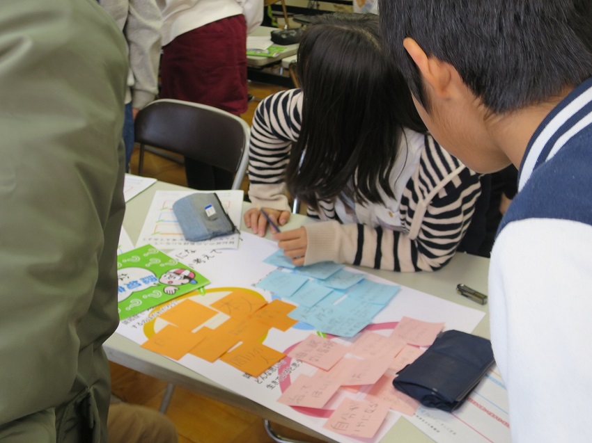 授業を通じて感じたことをまとめる児童たち