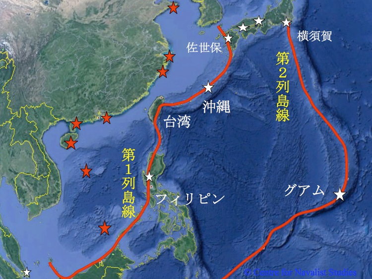 中国軍が打ち出している列島線(白:日米海軍拠点、赤:中国海軍拠点 筆者作成)