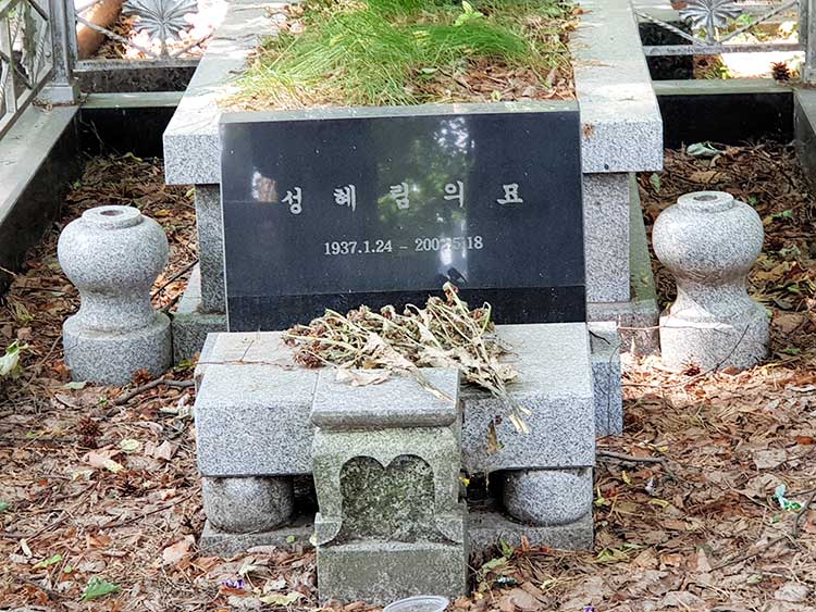 成恵琳氏の墓。周囲には枯れ葉が積もり、誰かが供えた生花も枯れ果てていた。