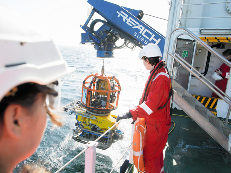In a photo from Deep Sea Productions/MMT, a remotely operated underwater vehicle is launched by the Stril Explorer in the Baltic Sea. In March, an international team of scientists explored a pristine ship remotely, but its identity is a mystery. (Deep Sea Productions/MMT via The New York Times) -- NO SALES; FOR EDITORIAL USE ONLY WITH NYT STORY RENAISSANCE SHIPWRECK BY WILLIAM BROAD FOR JULY 22, 2019. ALL OTHER USE PROHIBITED. --
