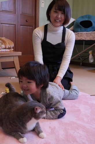 2歳になった孫の楓馬君と猫の「すみお」を見守る歩さん