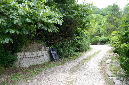 閉園した「宝塔」の入り口付近。園内にはいまもペットの墓や遺骨などが残る=6月、大阪府枚方市