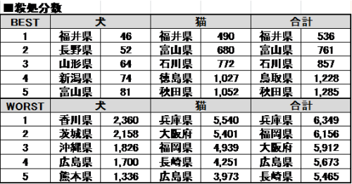 平成25年度 都道府県別犬・猫殺処分数(上位下位5位)