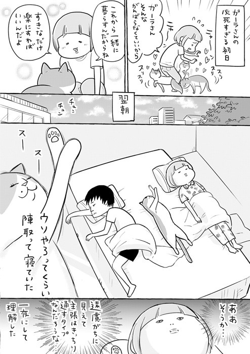 漫画 新居で初めての朝を迎えた猫 夫婦の真ん中で遠慮なく寝ていた姿に爆笑 家族が増えるっていいですね まいどなニュース