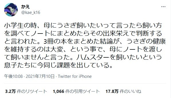 素晴らしいお母様の教育ですね うさぎを飼いたい子供に対し 母が提示した条件が話題に まいどなニュース