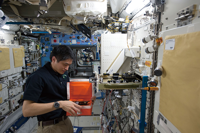 「きぼう」棟内でタンパク質結晶生成装置に実験サンプルを設置する大西卓哉宇宙飛行士(JAXA提供)